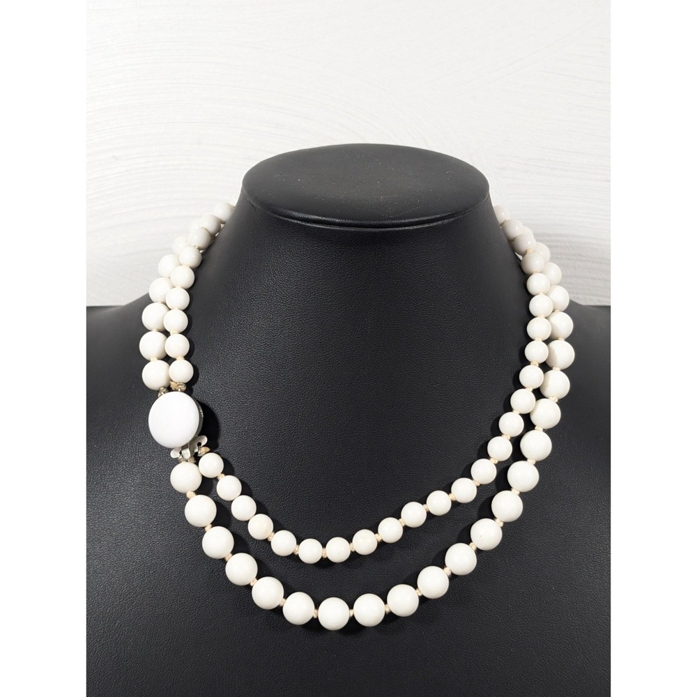Vintage Japan White Round Bead Double Strand‎ Choker Necklace 16 in MCM